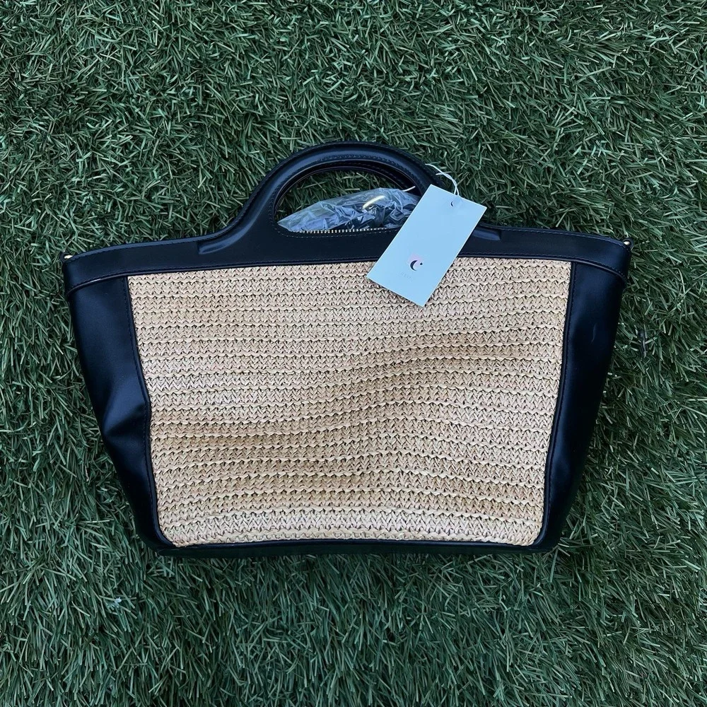 Melie Bianco Straw + Vegan Leather Tote Bag, Black Trim, NWT